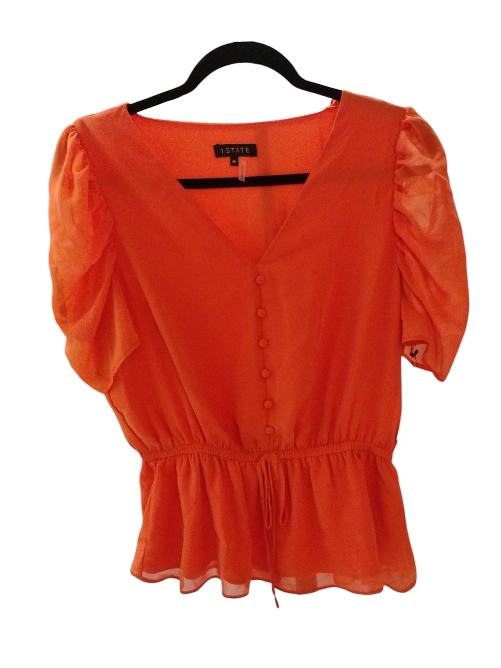 1.STATE Orange V-Neck Puff Sleeve Blouse SZ M NWT